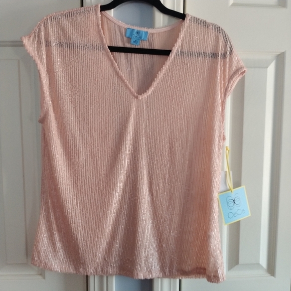 CeCe Blush Sequins V Neck Top M - Picture 2 of 12